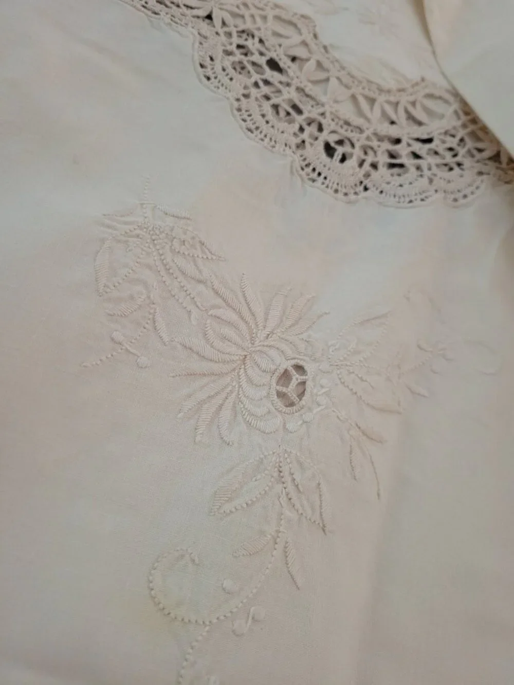 Vintage Cream Tablecloth with Embroidery and Crocheted Areas